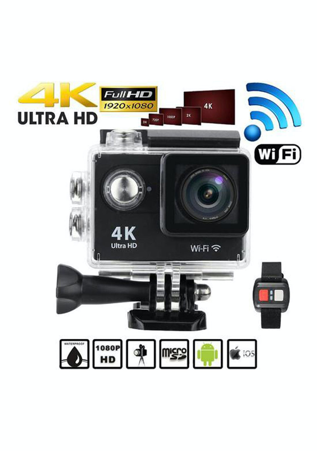 HD SPORTS CAMERA WITH WIFI & REMOTE WATCH, WATERPROOF HOUSEING & MOUNTS