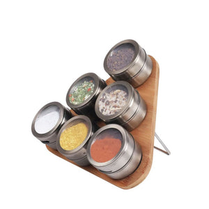 7pc Magnetic Triangular Bamboo Spice Rack&Jars Storage w/ Organiser Holder