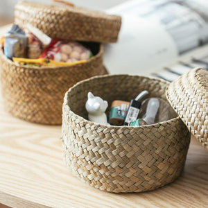 Handmade Round Woven Storage Basket with Lid