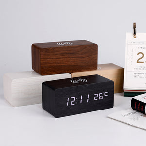 LED wood voice control clock wireless charging alarm clock