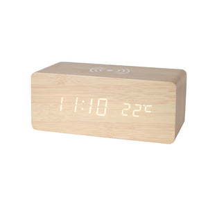 LED wood voice control clock wireless charging alarm clock