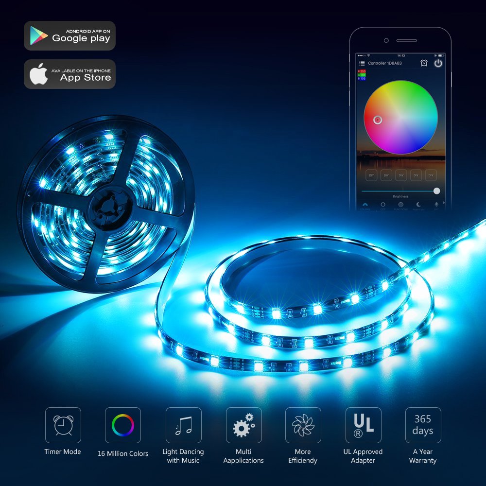 Smartphone Controlled LED Strip Light Kit with 5M and 10M Options